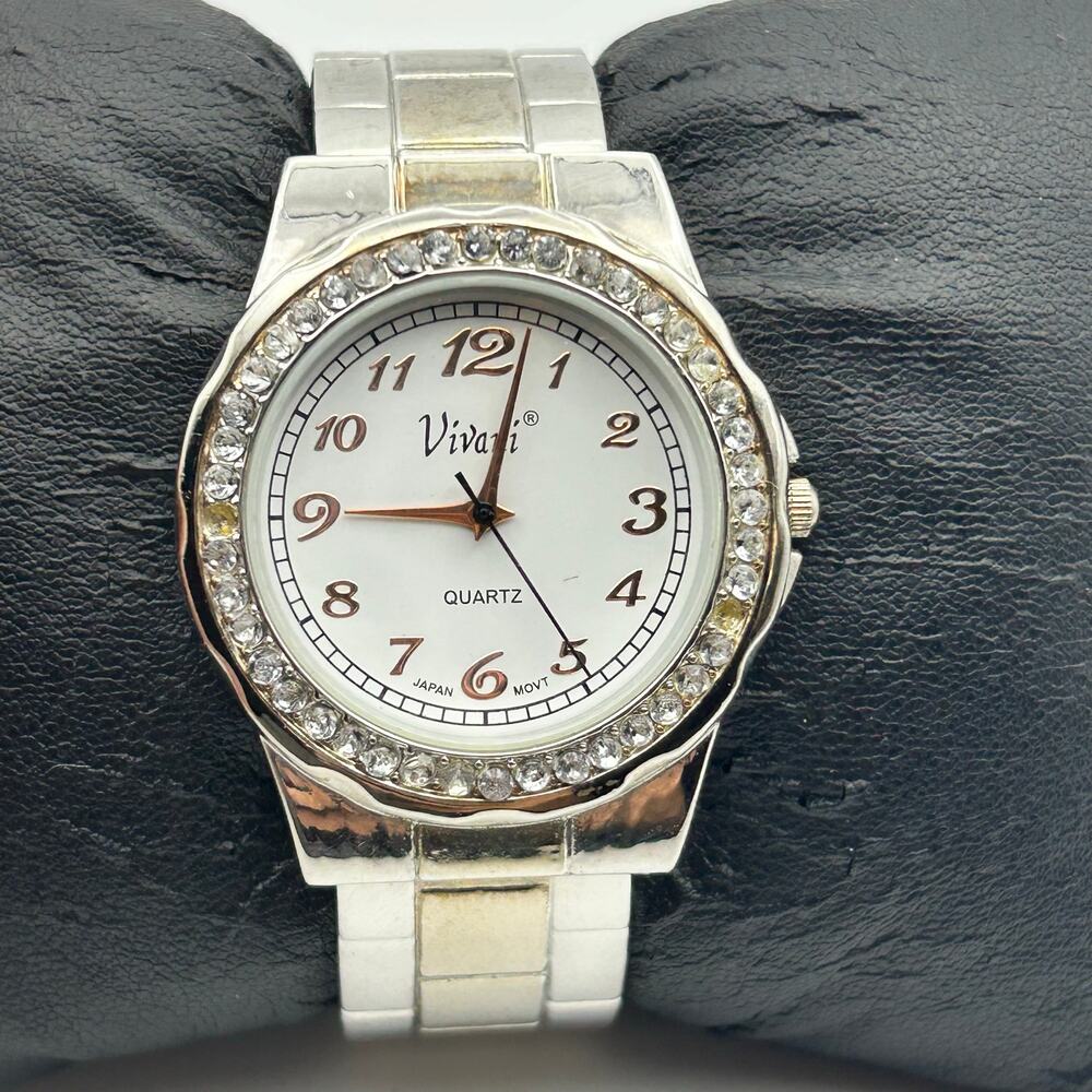Vivani Two-tone Crystal Bezel Women’s Cuff Watch Working New Battery